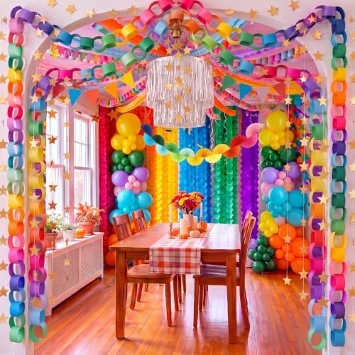 TaoBary 800 Pcs Colorful Paper Chain Garland Party Decoration Kit with 600 Paper Strips, 180 Balloons, Silver Tassel Lampshade, Gold Star Garlands, Streamers Banners for Birthday Baby Shower Classroom by TaoBary