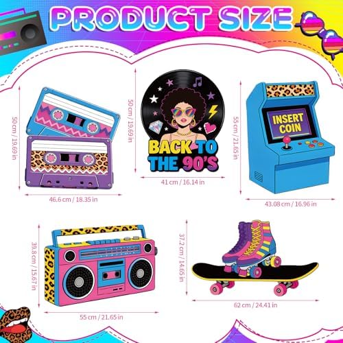 5Pcs 90s Party Decorations, Large Retro Theme Cardboard Cutouts Arcade Game Machine Boombox Vintage 90s Yard Sign for Neon Hip Hop Music Birthday Indoor Outdoor Photo Props Booth Backdrop - Image 3