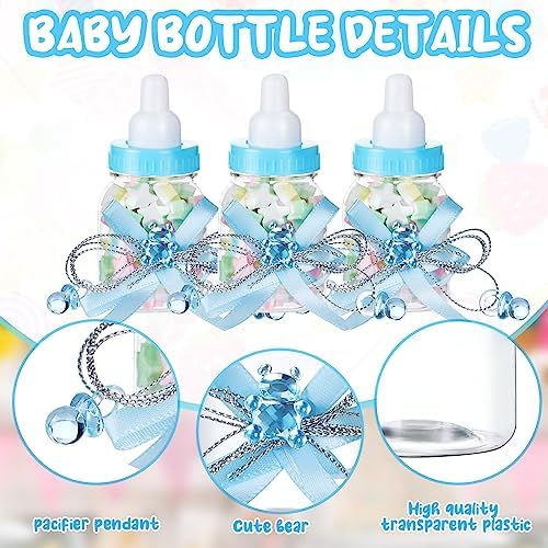 80 Pcs 3.5 Inch Baby Mini Milk Bottle Baby Shower Favor with Small Plastic Bear Candy Bottle with Ribbon for Boy Girl Newborn Baptism Party Decor (Blue) - Image 3