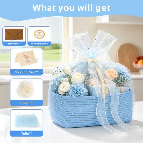 Large Woven Basket for Gifts Empty, Storage Basket 15" x 11" x 6.5" with Glitter Tulle, Ribbon and Card Paper, One-Handle Design, DIY Time for Holiday Gifts, Baby & Pet Toys, Graduation - Blue - Image 3