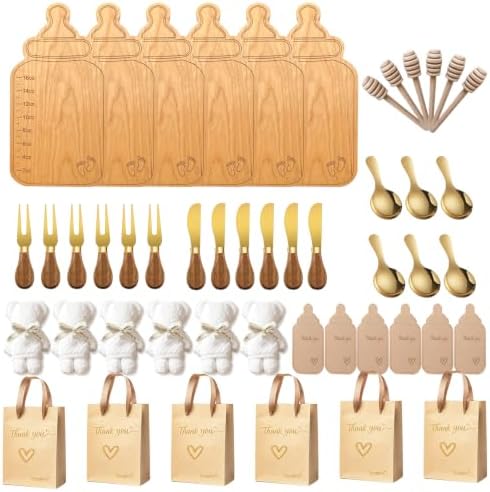 Baby Bottle Shaped Acacia Wood Cheese Board Gift Set - Premium Baby Shower Prizes for Game Winners, Gender Reveal & Bridal Shower Party Favors for Guests Acacia Wood 6 Sets by Unknown