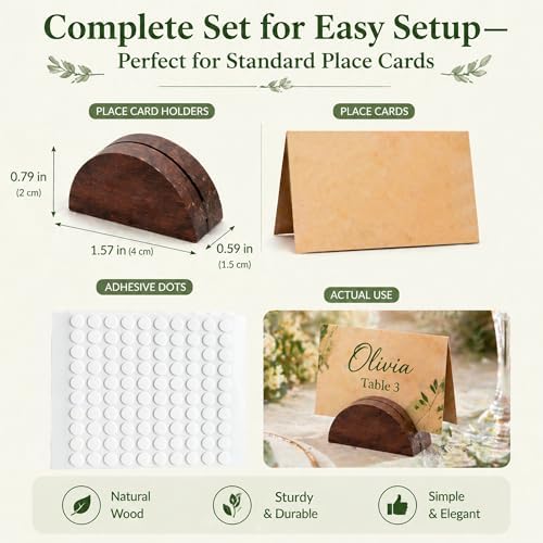 100PCS Wood Place Card Holders with Cards & Self-Adhesive, Pine Wooden Semicircular Design Table Number Name Card Stands for Wedding Baby Shower Birthday Party Menu Cafe (100, Black) - Image 2