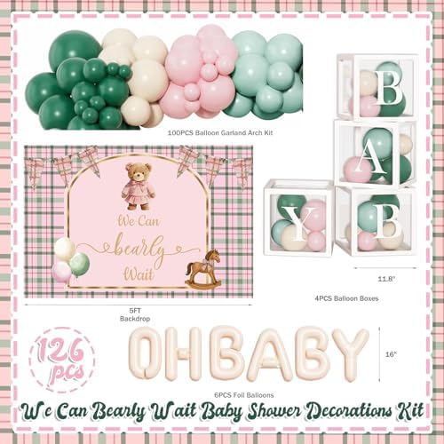 Costova Bear Baby Shower Decorations for Boys, Teddy Bear Plaid Party Supplies with Balloon Boxes, Pink Green and White Balloon Garland Arch Kit, We Can Bearly Wait Backdrop OH BABY Foil Balloons - Image 2