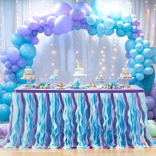 Partisky Mermaid Tulle Tutu Ruffle Curly Willow Table Skirt for Rectangle Table 17ft, Mermaid Themed Party Table Cloth for Girls Birthday Party or Baby Shower - Image 5