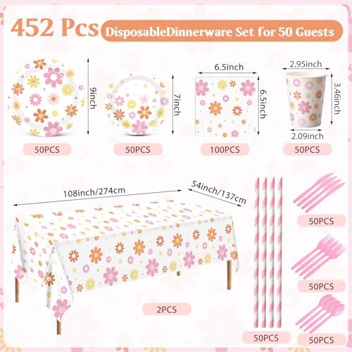 Funnymoom 452 Pcs Groovy Daisy Party Decorations for 50 Guest, Boho Daisy Paper Plates Cups Napkins Tablecloth Cutlery Straws Hippie Tableware Set for Retro Hippie Birthday Baby Shower Party Supplies - Image 3