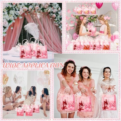 Sayglossy 50 Pcs Clear Pink Gift Bags with Handles 6.1 x 5.9 x 2.8 Inch Wedding Transparent Glitter Tote with Ribbons Reusable PVC Gift Wrap Bags for Baby Bridal Shower Birthday Party - Image 5