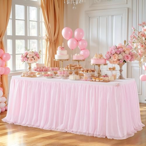 Wish Care 6 Pack Pink Tulle Tablecloth for 6 Foot Rectangle Tables Ruffle Stretch Fitted Table Cloths Wrinkle Free Table Cover with Tutu Skirt for Party Wedding Girls Birthday Baby Bridal Shower Cake - Image 3