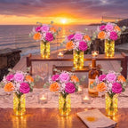 Domensi Set of 6 LED Lighted Floral Table Centerpieces, Faux Roses, Eucalyptus & Baby's Breath in Acrylic Vase, Glowing Rustic Wedding Decor for Bridal Shower & Dining Table (Rose Red, Pink, Orange) by Domensi