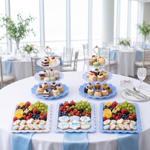 FoldTier 6 Pack Cupcake Stand Set 3 Pcs 3 Tier Gradient Dessert Table Display Stands Cookie Tray Rack 3 X14 in Rectangle Party Trays for Wedding Birthday Tea Party Baby Shower(Blue,Round) - Image 2