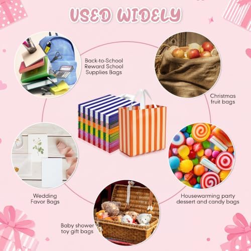 Crtiin 100 Pcs Plastic Striped Gift Bags with Handles, Light color - Image 6