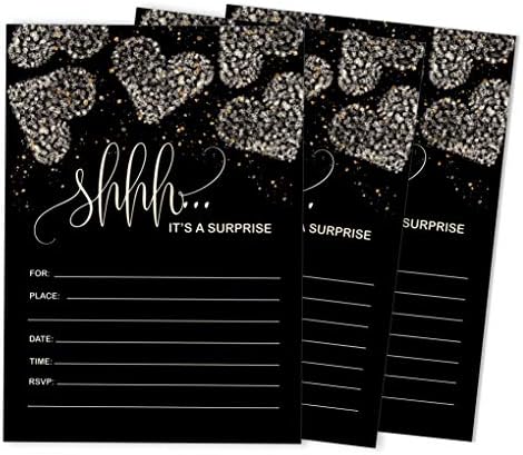 Pack of 30 Surprise Party Birthday Invitations with Envelopes, Black Retirement Party, Bridal Shower, Baby Shower Fill in Style Invites by Inkdotpot