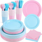 durony 350 Pieces Baby Gender Reveal Party Supplies Light Pink Light Blue Paper Plates Serve 50 Guests Boy or Girl Gender Reveal Plates Napkins Paper Cup Cutlery for 1st Birthday and Baby Shower Decor by durony