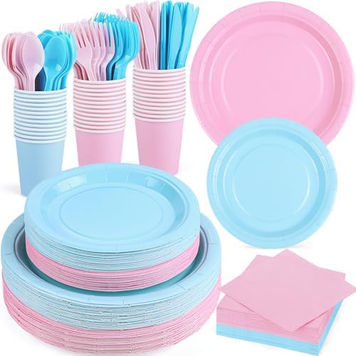 durony 350 Pieces Baby Gender Reveal Party Supplies Light Pink Light Blue Paper Plates Serve 50 Guests Boy or Girl Gender Reveal Plates Napkins Paper Cup Cutlery for 1st Birthday and Baby Shower Decor by durony