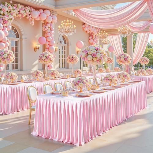 Pink Satin Tablecloths Rectangle 8FT, Glitter Spandex Fitted Stretch Table Covers Wrinkle-Free Floor Length Shimmer Table Skirt for Weddings Parties Baby Shower Banquets Vendor Events - Image 6