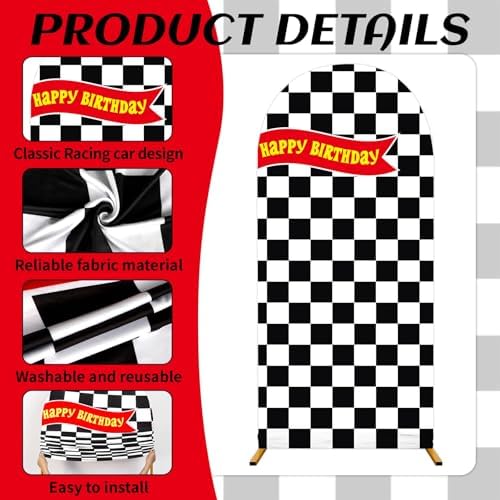 3 Pcs Race Car Arch Backdrop Cover Adaptable for 4ft 5ft 6ft Size Frames Black and White Checkered Chiara Hot Arch Stand Covers for Racing Birthday Baby Shower Party Decorations Supplies - Image 3