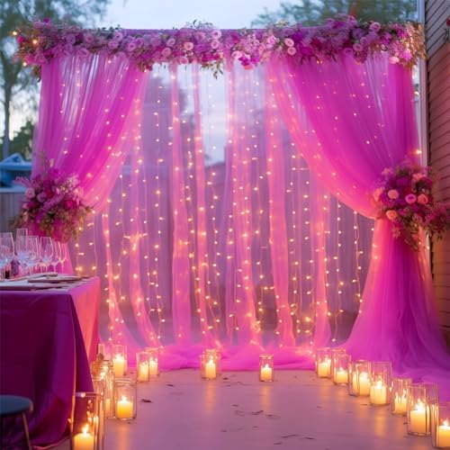 10×10ft Hot Pink Tulle Backdrop Curtain with Lights String for Parties, Sheer Photo Backdrop Curtains for Wedding Party Photography Background - Image 2