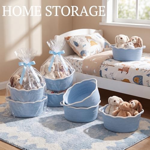 8 Pack Scalloped Small Woven Basket with Gift Bags and Ribbons 12"x 8"x 5" Cotton Rope Storage Organizer with Handles Cute Empty Gift Basket for Nursery Birthday Baby Shower, Blue - Image 5