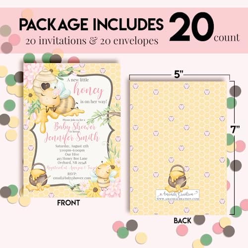 Amanda Creation Custom Honey Bee Baby Shower Invitations for Girls, Personalized Bumble Bee Invites, 20 Pack 5x7 Cards with White Envelopes - Image 4