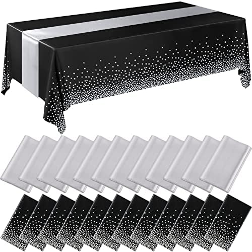Breling 24 Pack Black and Silver Disposable Tablecloth and Table Runner Set by Breling