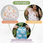 12 PCS Reusable gift bags with drawstring + 15 gift tags | Fabric gift bags in 3 Sizes | Gift wrapping alternative, storage bags, travel & party favor bags. 8th Ed. - Image 6