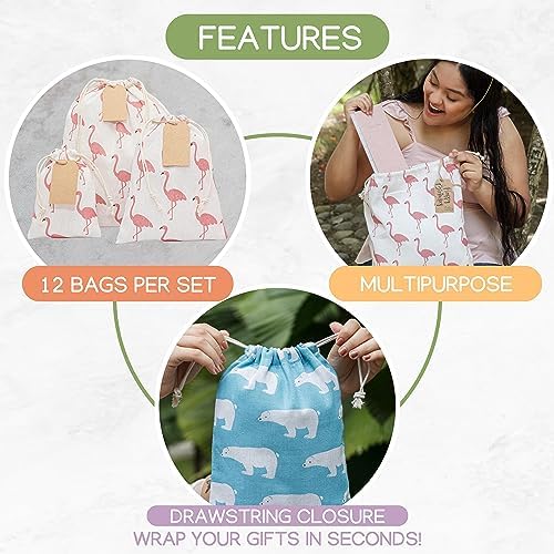 12 PCS Reusable gift bags with drawstring + 15 gift tags | Fabric gift bags in 3 Sizes | Gift wrapping alternative, storage bags, travel & party favor bags. 8th Ed. - Image 6