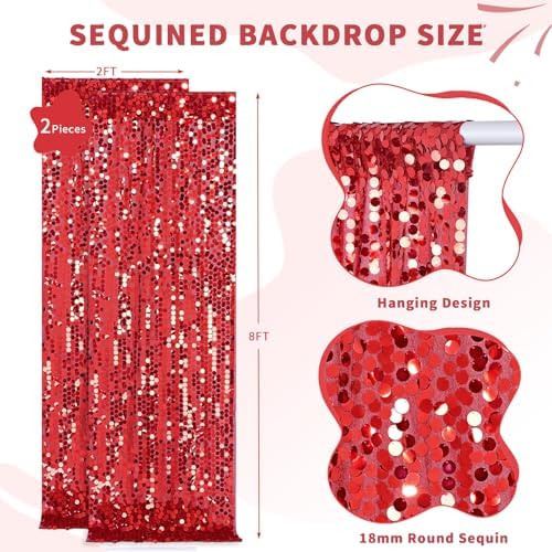 Red Big Payette Sequin Backdrop Curtain 2 Panels 2ftx8ft Sparkly Glitter Party Background for Birthday Holiday Wedding Event Decorations - Image 3