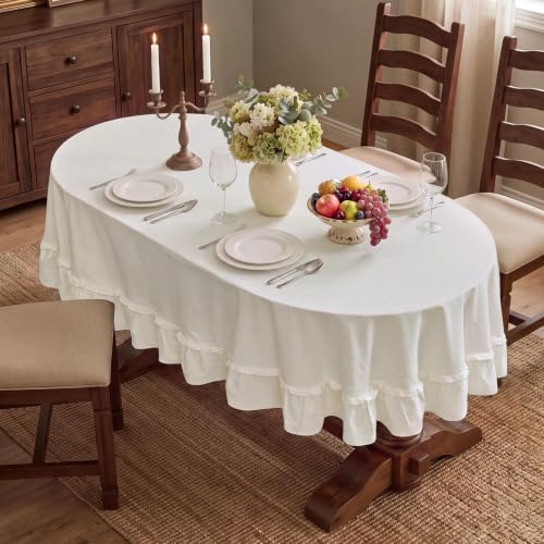 Romanstile Ruffled Oval Tablecloth, White, 60 x 84 Inch - Image 3