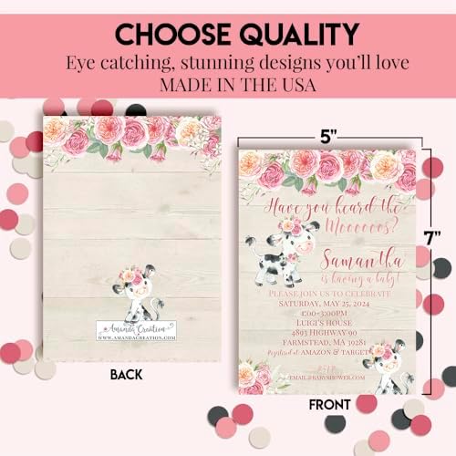 Amanda Creation Custom Baby Shower Invites Pink Cow Baby Shower Invitation 50 Pack 5x7 Custom Personalized Invites With Fifty White Envelopes - Image 4
