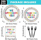 200pcs Thank You Plates Napkins We Appreciate You Paper Tableware Set Employee Appreciation Dinnerware Thank You Party Decoration for Teacher Volunteer Pastor Retirement Party Decor Supplies Serves 50 - Image 2