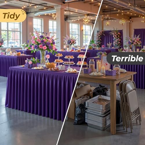 Purple Polyester Table Cloths for Rectangle 6 Foot Tables, 1 Pack Wrinkle Free Tablecloths Stretchy Banquet Ruffle Fitted Table Cover Desk Skirt for Parties Wedding Birthday Baby Shower - Image 6