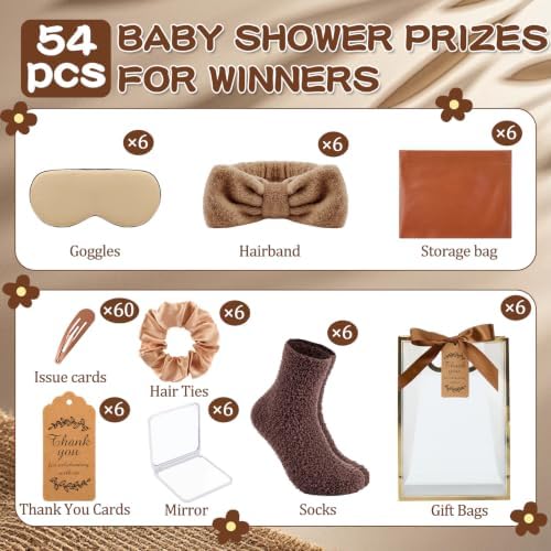 54 Pcs Baby Shower Prizes for Winners Prizes Gifts 6 Sets with Headbands Eye Masks Mirrors Hair Ties Hair Clips Socks Storage Bags Thank Card Gift Bag for Baby Shower Party Wedding(Brown) - Image 4