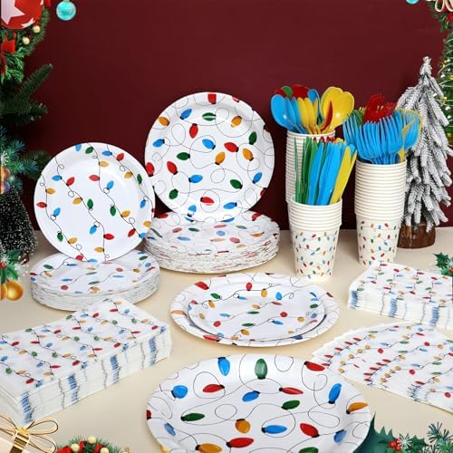 Funnymoom 400 Pcs Christmas Party Supplies, Christmas Lights Paper Plates and Napkins Cups Set with Spoons Forks Knives, Xmas Light Tableware Set for Holiday Xmas Party Decorations - Image 4