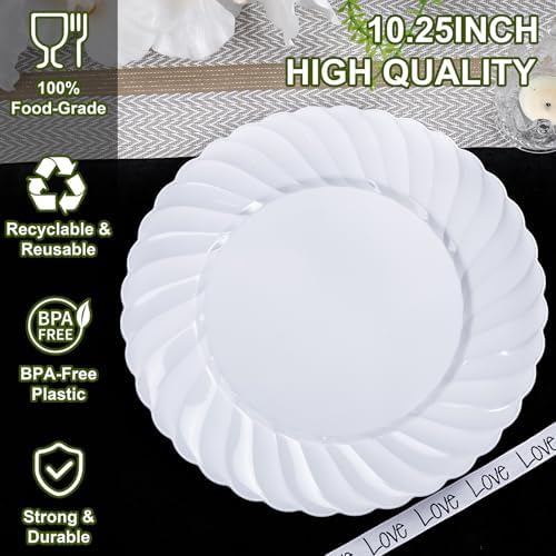 U-QE 60 Count White Plastic Plates - 10.25inch Plastic Disposable Plates - Image 2