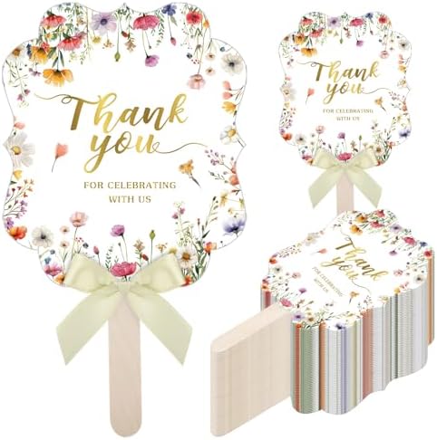 Huwena 50 Sets Wedding Fans for Guests Thank You for Celebrating with Us Fans Hand Fans Handheld Folded Fan Baby Shower Favors for Bridal Bridesmaid Gift Church Dancing(Light Green,Wildflower) by Huwena