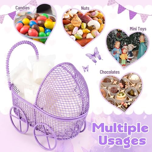 Threehoney 12 Pcs Baby Shower Mini Carriage Decoration Purple Butterfly Color Metal Wired Fillable Candy Stroller Baby Shower Table Centerpiece for Guest Gender Reveal Wedding Party Favor Gift - Image 3