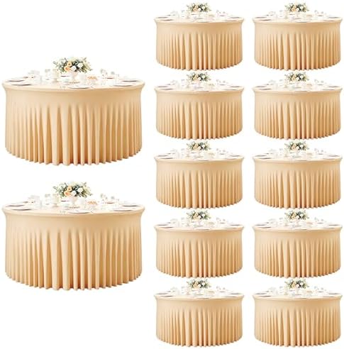 12 Pack Champagne Table Cloth for 5FT Round Tables, Fitted Spandex 120 inch Round Tablecloth, Wrinkle Free Table Skirt for Receptions Birthday Photography Social Events Engagement Party Decorations by Creativepartyuniquedecorat