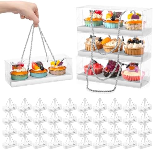 Thenshop 40 Pcs Clear Cupcake Boxes 9x3x3 in 3 Compartment Holder,White by Thenshop