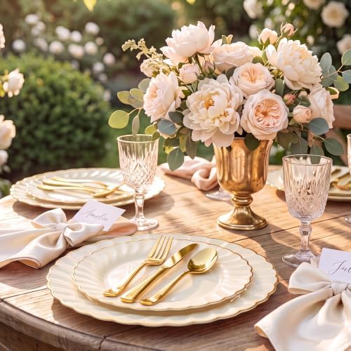 Ivory Disposable Plastic Plates 125pcs Scalloped Gold Rim for 25 Guests - Image 3