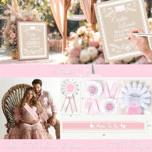 Cielito Lindo Baby Shower Decorations Girl – 120PCs Papel Picado Baby Shower Supplies with Mexican Fiesta Boho Style Backdrop, Balloon, Banner, Poster, Box, Sash and Badge - Image 3