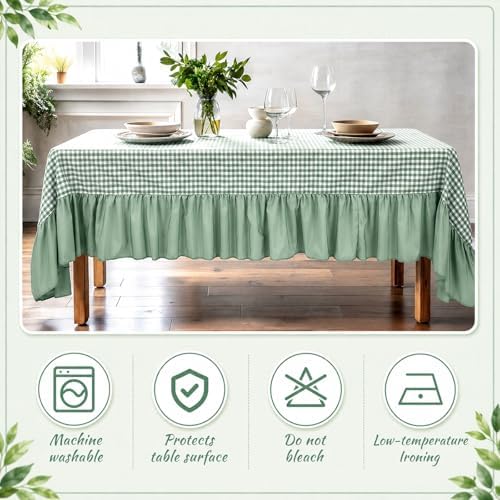Moukeren 120"x60" Ruffled Tablecloth Table Cover, Sage Green, Gingham - Image 2