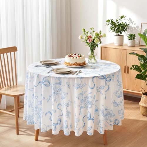 Ganeen 12 Pcs Blue Bow Floral Round Tablecloth 84 in Disposable Table Cover - Image 2