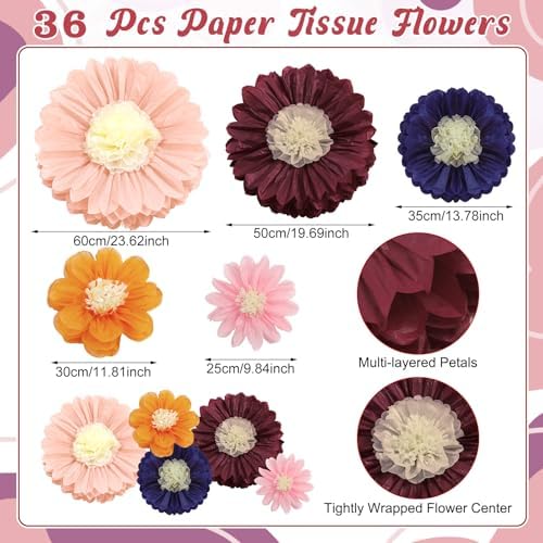 ForraFun 36 Pcs Morandi Giant Paper Flowers Decoration for Wall Sizes 10" to 24'' Tissue Paper Pom Poms in 5 Flower Wall Backdrop Decor for Fiesta Mexican Wedding Baby Shower Bridal Shower Party - Image 2