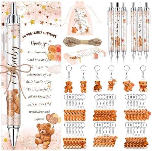 145 Pieces Baby Shower Favors for Guest Brown Teddy Bear Ballpoint Pens and Keychains Gifts Bulk Retractable Baby Shower Pens Gender Reveal Greeting Cards Souvenirs Prizes Party Favors by EYNDYN