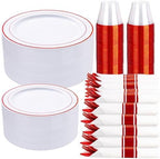 WELLIFE 350-Piece Red Plastic Party Dishware Set - 50 Dinner Plates, 50 Dessert Plates, 50 Cups, 50 Plastic Cutlery by WELLIFE