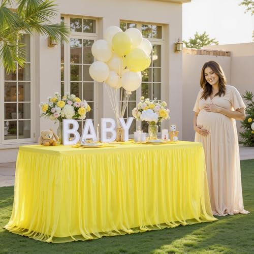 HB HBB MAGIC Yellow Table Cloth Spandex Table Covers 8ft Fitted Tulle Tablecloth Rectangular Desk Skirt Stretch Table Cloths Covers Party Banquet Birthday Baby Shower Wedding Table Cloth, 2 Pack - Image 2