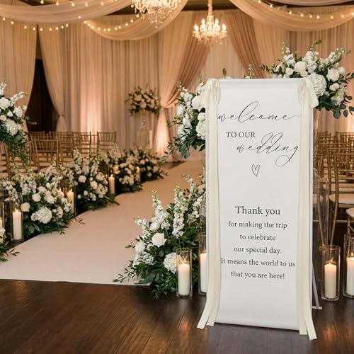 Wedding Welcome Linen Sign Stand with Satin Ribbon(Beige) - Image 3