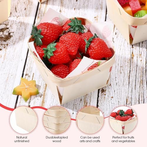 Thyle 60 Pcs/30 Sets Wood Berry Basket with Gingham Wax Paper Sheets Farmer Market Shower Party Favor Small Container Boxes for Friut Vegetable Locally Grown Baby Shower Display Gift(Strawberry,Pink) - Image 4