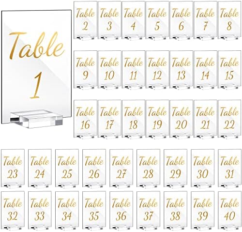 Tuanse 40 Pack Gold Acrylic Wedding Table Numbers 1-40 Clear Stand with Calligraphy Holders - 4 x 6 Inch Acrylic Table Signs for Wedding Reception Centerpieces by Tuanse
