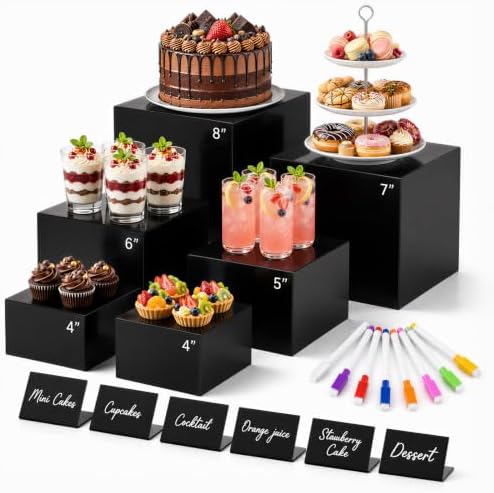 6 Pcs Food Risers for Display Party Buffet Riser Black(4",4",5",6",7",8") by Draupnir