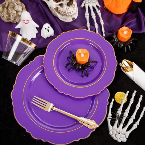 Liacere 350PCS Purple Plastic Plates-Disposable Purple and Gold Plates 50 guest Baroque Plastic Dinnerware include 100Plates,50Pack Pre Rolled Napkins with Silverware 50Cups for Party & Halloween - Image 5